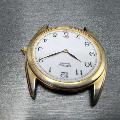 Seiko Watch Men 34mm White Dial Gold Tone Date Round 5E29-7A20 PARTS