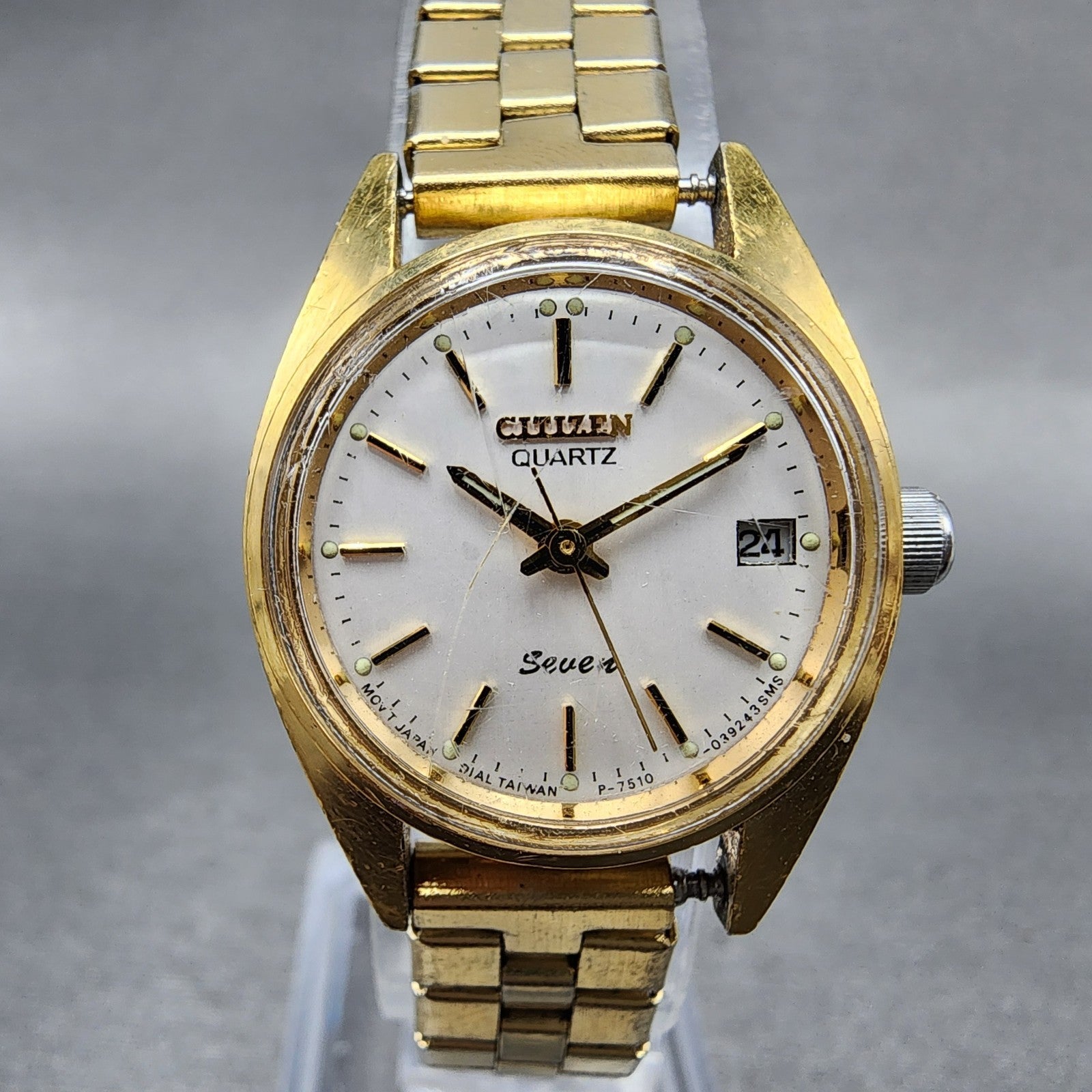 Citizen Seven Watch Women 24mm White Dial Gold Tone Date Round New Battery VTG0