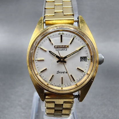 Citizen Seven Watch Women 24mm White Dial Gold Tone Date Round New Battery VTG0