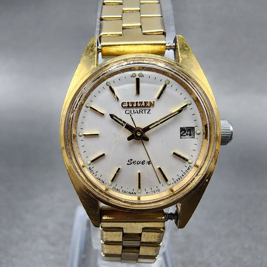 Citizen Seven Watch Women 24mm White Dial Gold Tone Date Round New Battery VTG0
