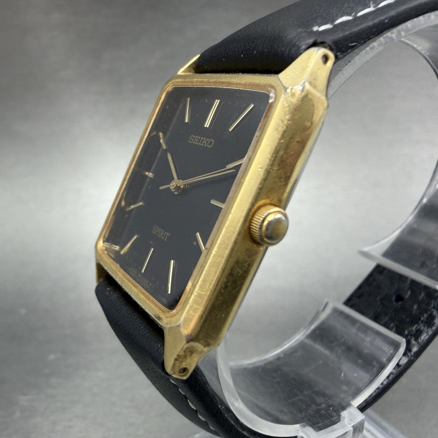 Seiko Spirit Tank Watch Men 25mm Black Dial Gold Tone Rectangle 7N01-5180 Newbat2