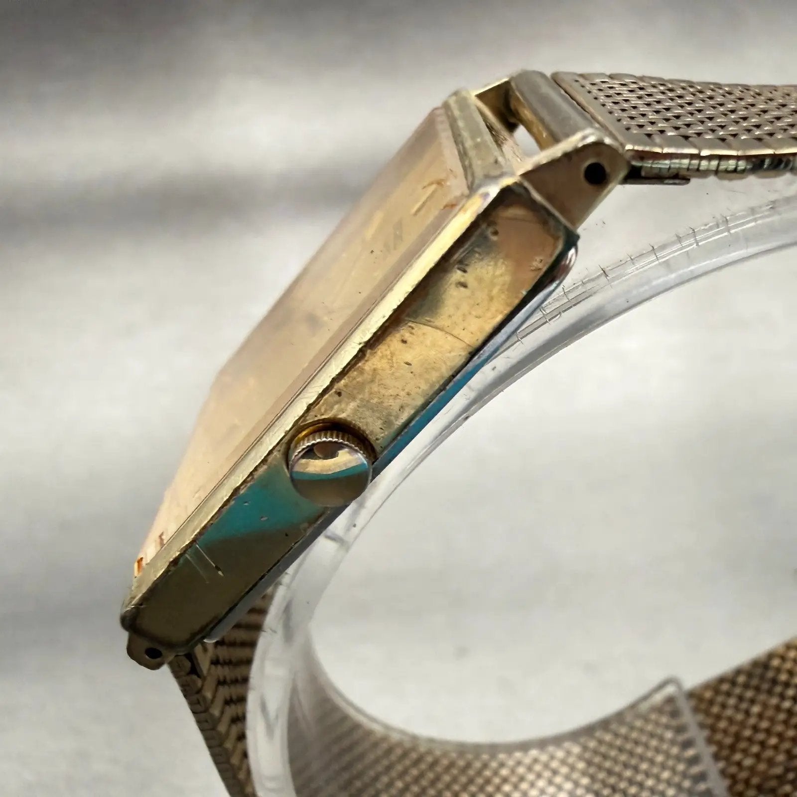 Seiko Watch Men 25mm Gold Dial Gold Tone Rectangle 2C21-5180 New Battery Vintage2
