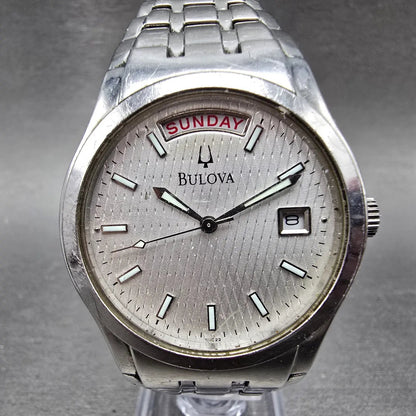Bulova Watch Men 36mm Silver Dial Silver Tone Daydate Round 96C22 New Battery0