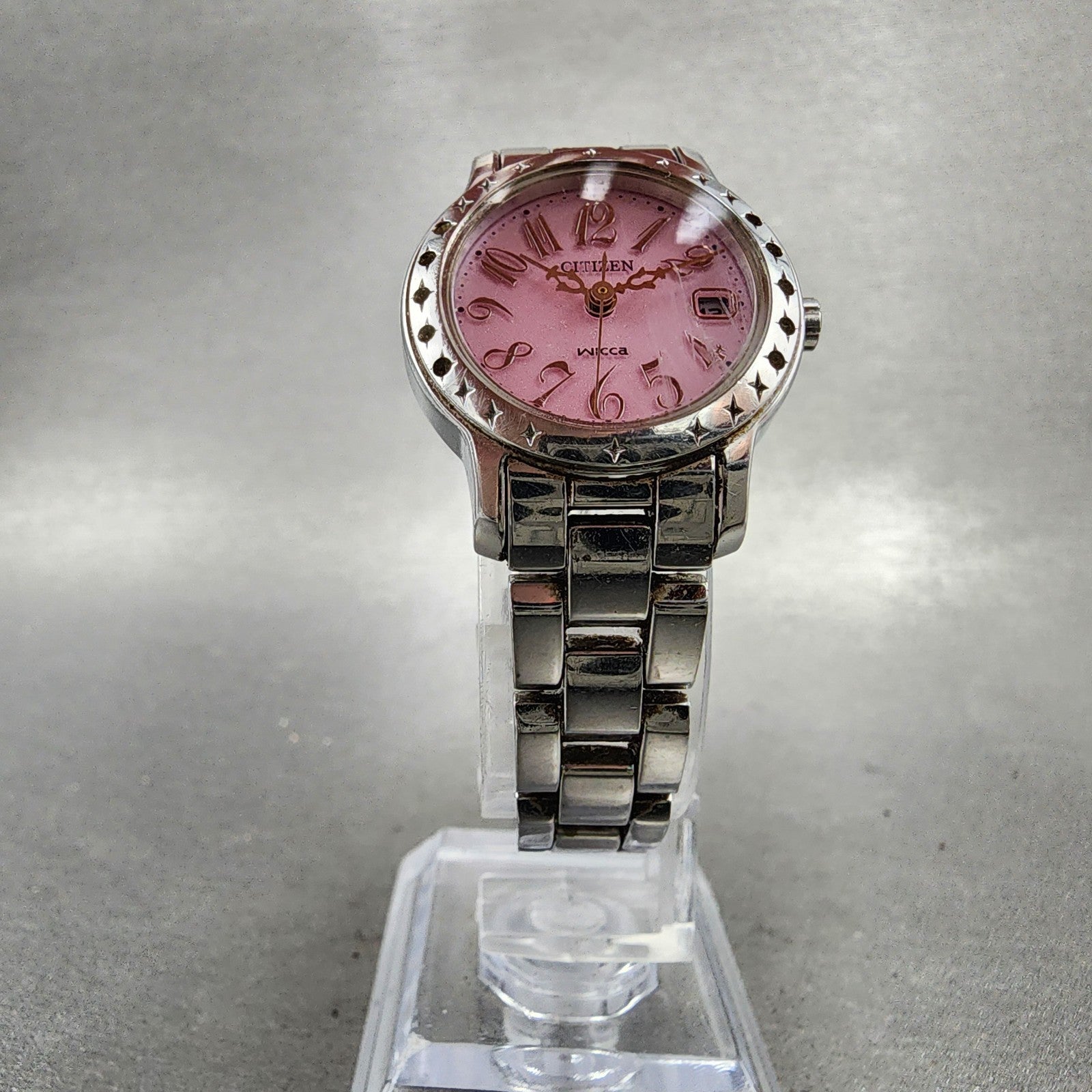 Citizen EcoDrive Wicca Watch Women 25mm Pink Dial Silver Tone Date Round Runs5