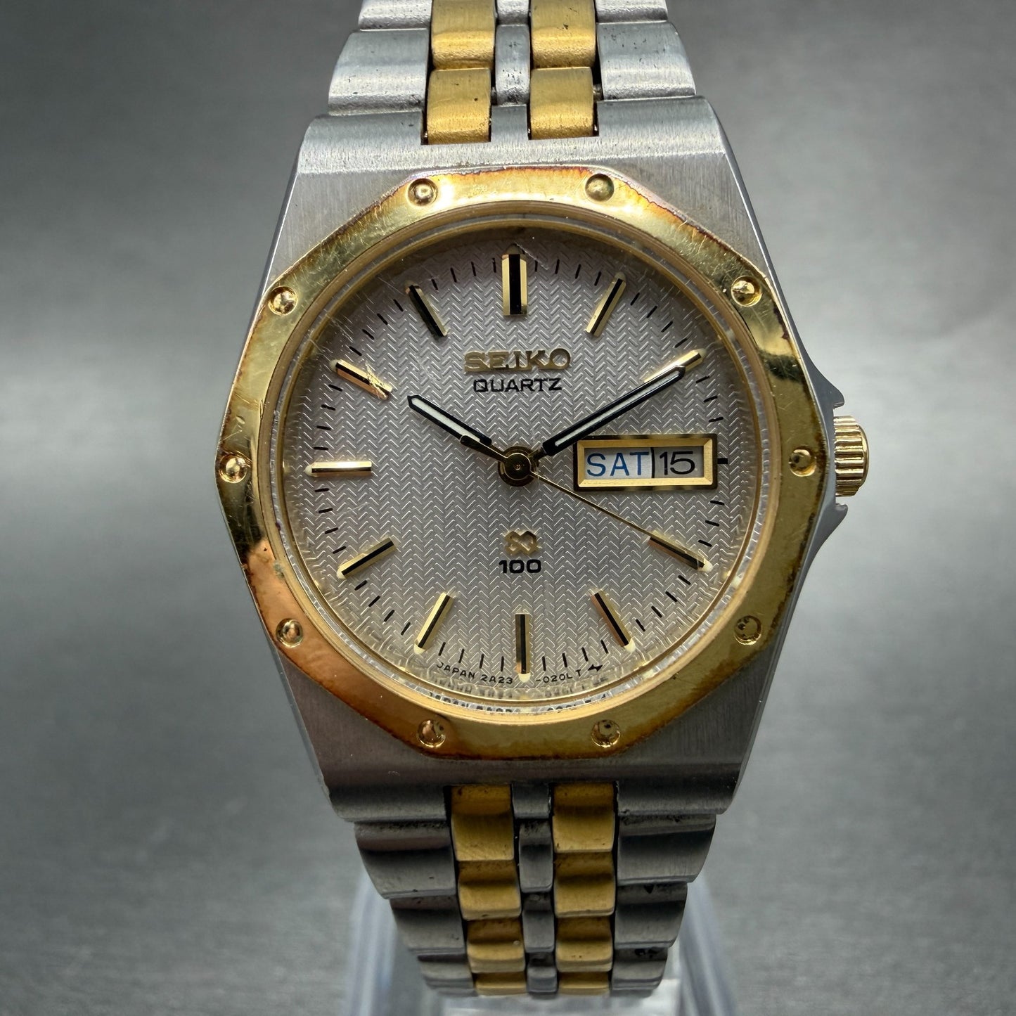 Seiko SQ Watch Women 26mm Silver Dial Two Tone Daydate 2A23-0100 New Battery VTG0