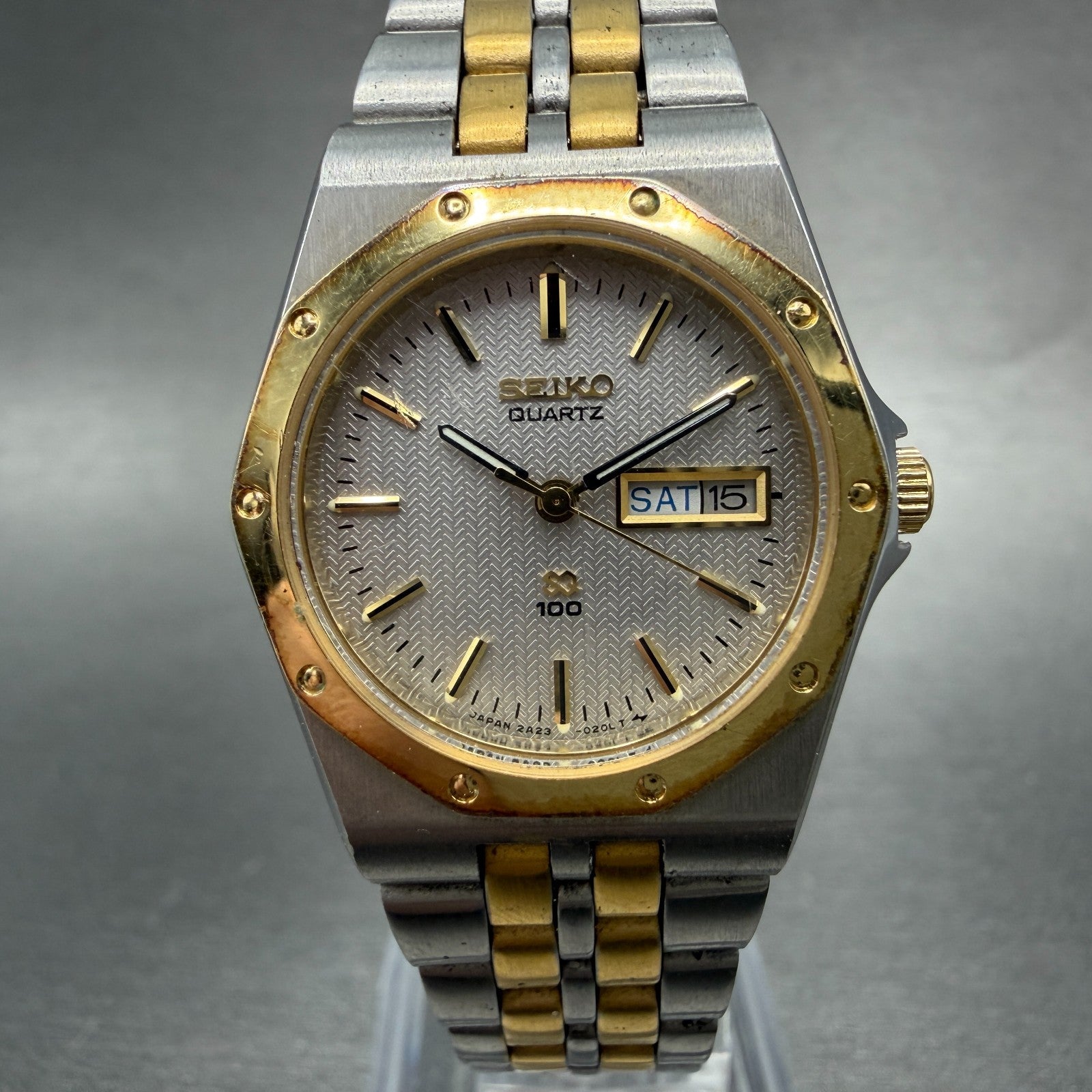 Seiko SQ Watch Women 26mm Silver Dial Two Tone Daydate 2A23-0100 New Battery VTG0