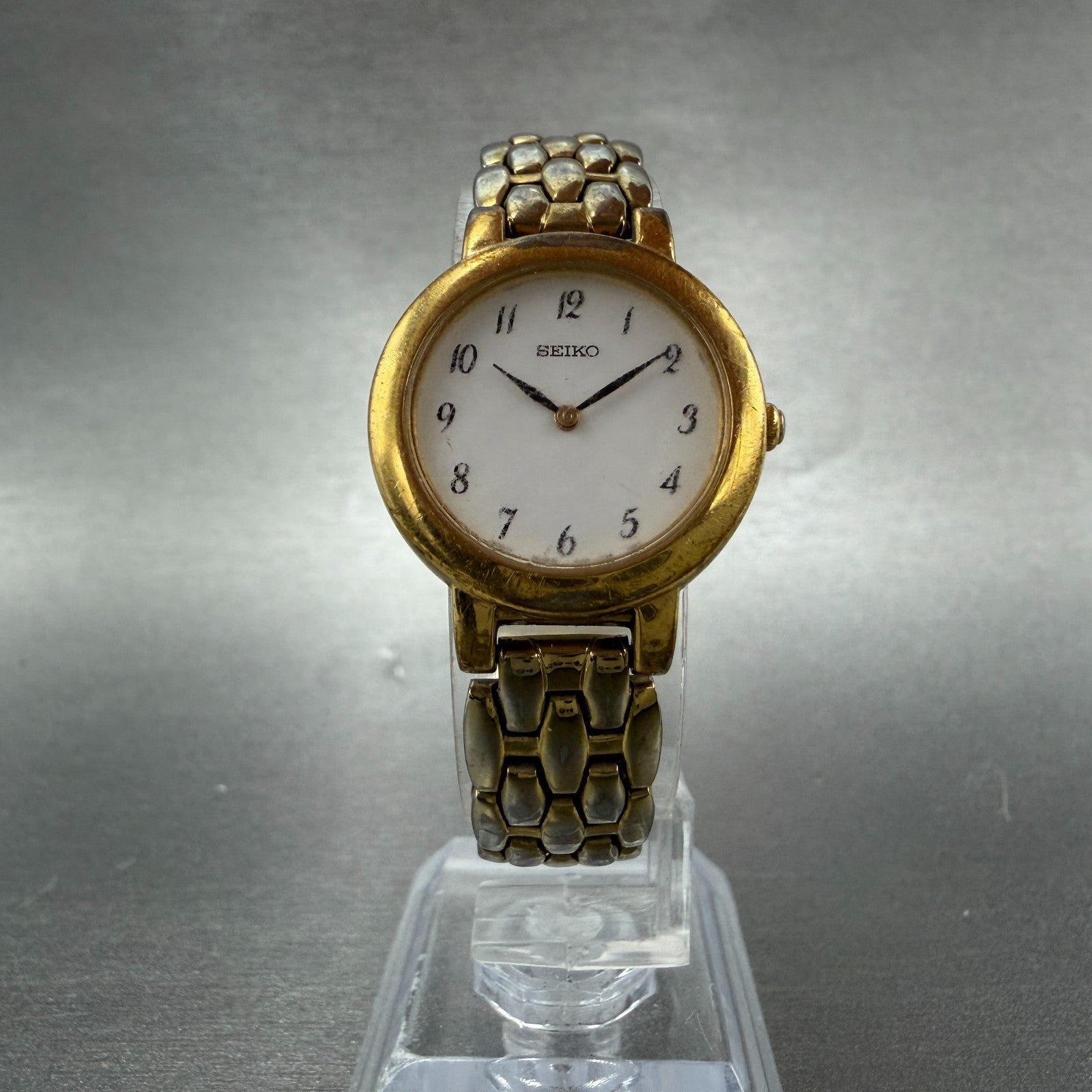 Seiko Watch Women 24mm White Dial Gold Tone Round 1N00-1E19 New Battery 78765