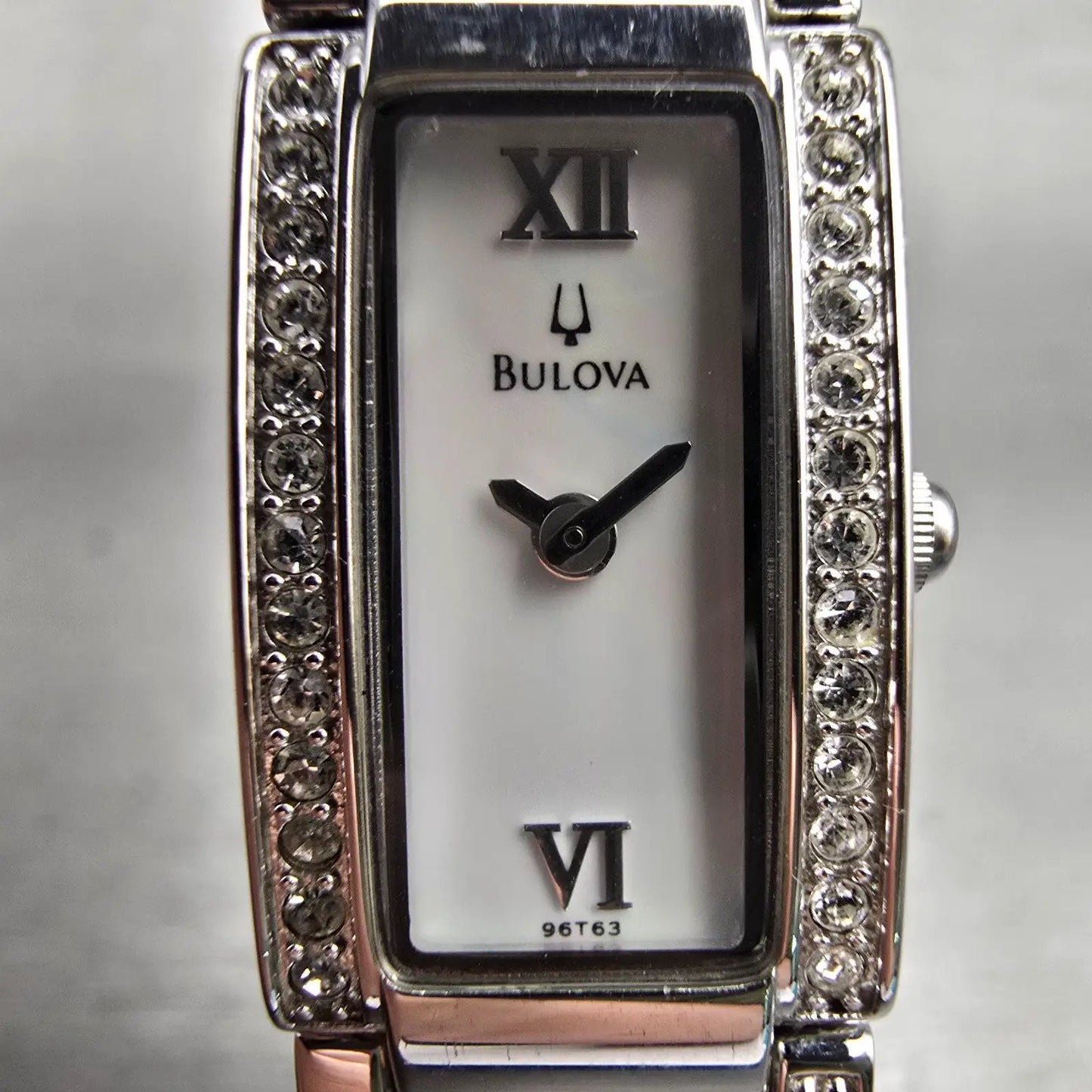Bulova Watch Women 14mm MOP Dial Silver Tone Gemmed Rectangle 96T63 New Batt1