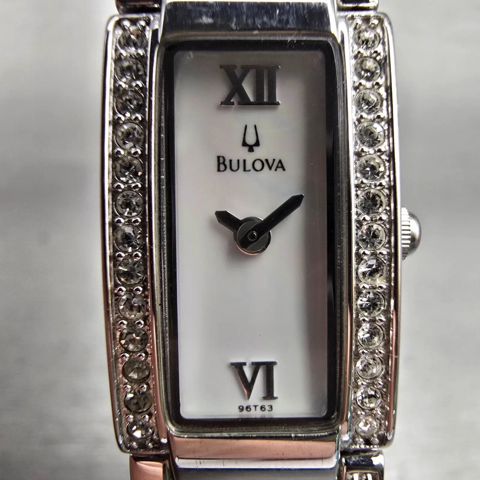 Bulova Watch Women 14mm MOP Dial Silver Tone Gemmed Rectangle 96T63 New Batt1