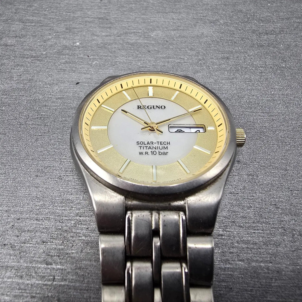 Citizen Reguno Solar Watch Men 34mm Champagne Dial Titanium Daydate Runs READ!!!2