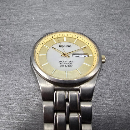 Citizen Reguno Solar Watch Men 34mm Champagne Dial Titanium Daydate Runs READ!!!2