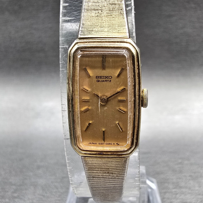 Seiko Watch Women 13mm Gold Dial Gold Tone Rectangle 1320-5779 New Battery JP0