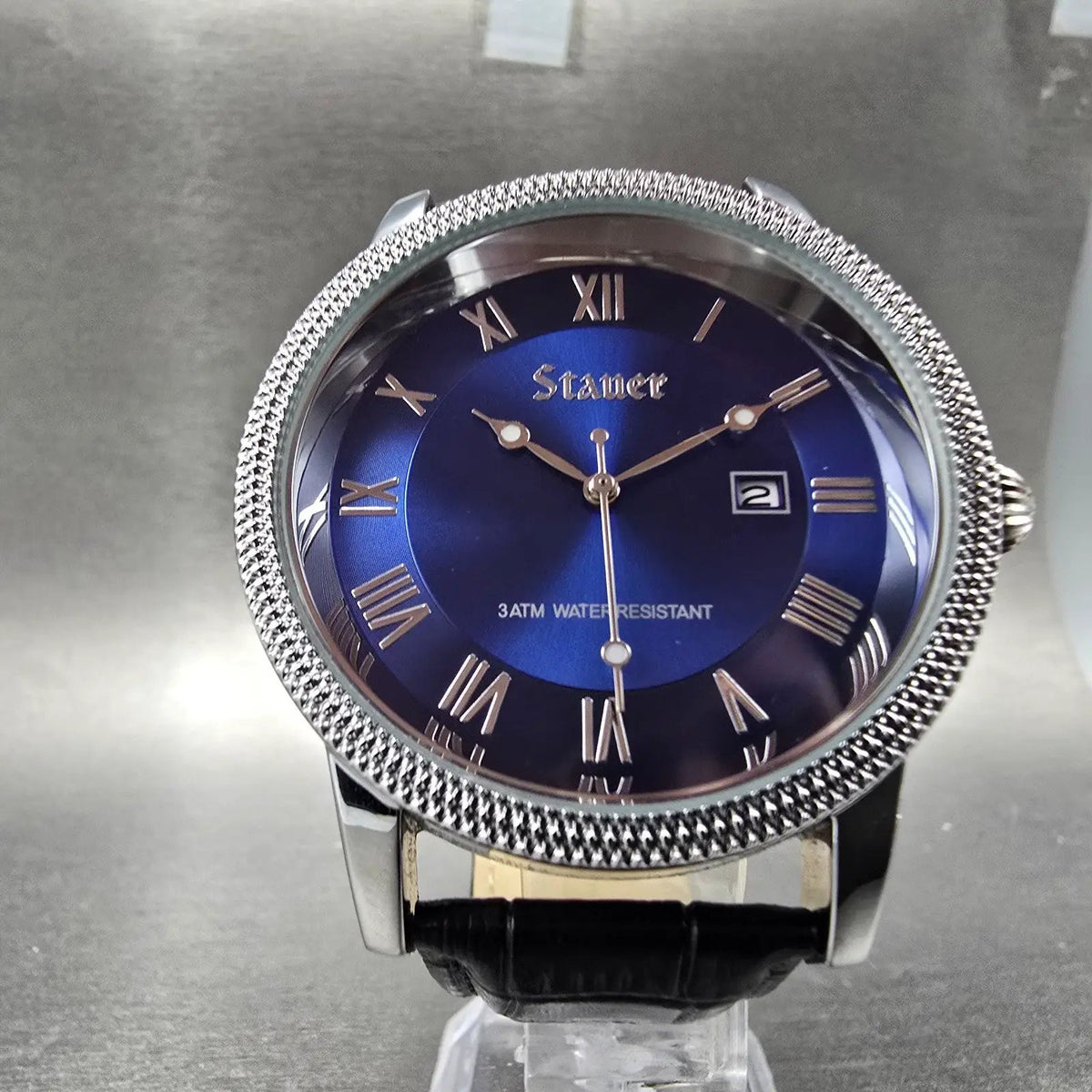 Stauer Urban Watch Men 43mm Blue Dial Silver Tone Date Leather 28997 New battery5