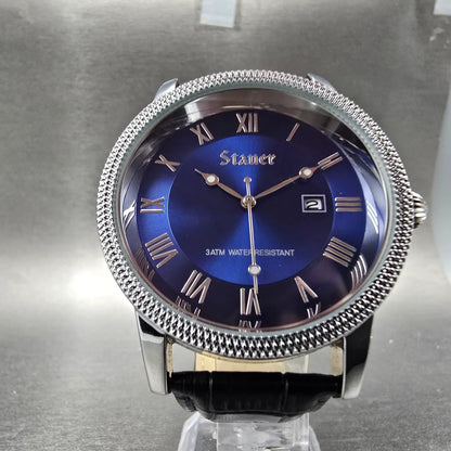 Stauer Urban Watch Men 43mm Blue Dial Silver Tone Date Leather 28997 New battery5