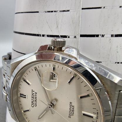 Orient Swimmer Watch Men 36mm Silver Dial Silver Tone Date Round READ New Batt11
