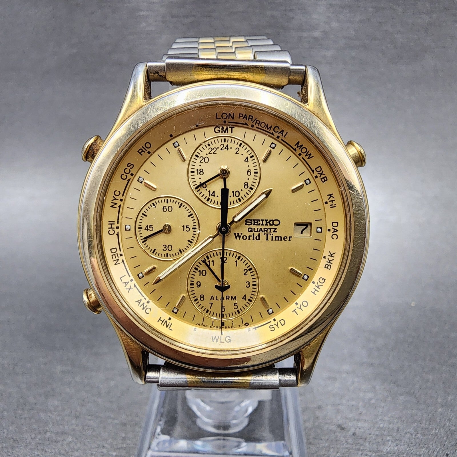 Seiko World Time Watch Men 37mm Gold Dial Gold Tone Date Alarm 5T526A29 PARTS0