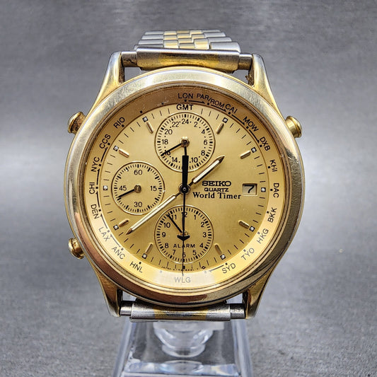 Seiko World Time Watch Men 37mm Gold Dial Gold Tone Date Alarm 5T526A29 PARTS0