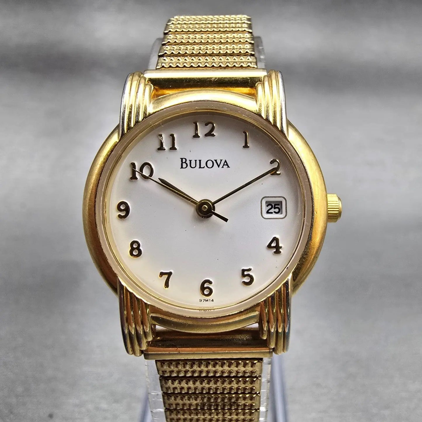 Bulova Watch Women 25mm White Dial Gold Tone Date Round 97M14 New Battery0