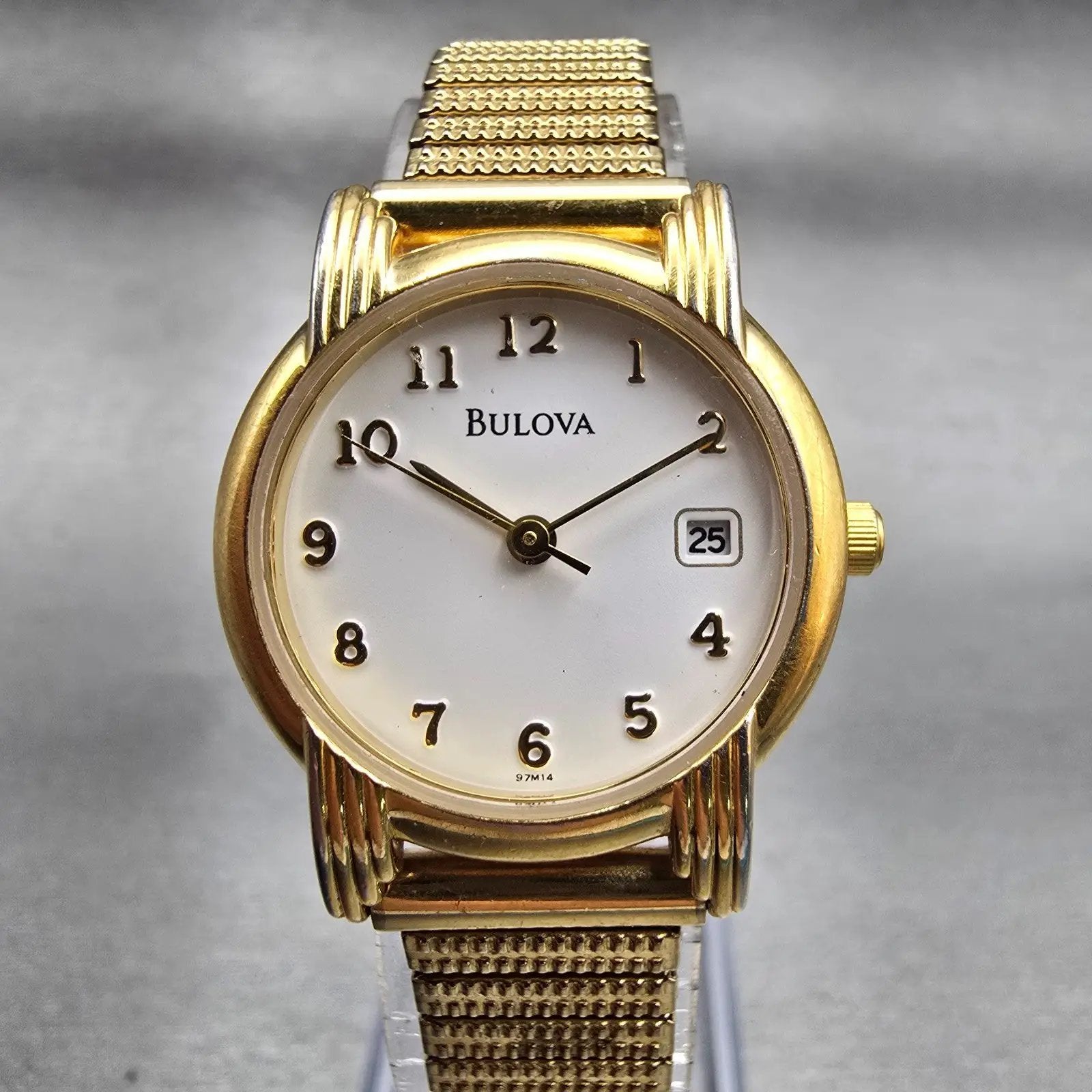 Bulova Watch Women 25mm White Dial Gold Tone Date Round 97M14 New Battery0