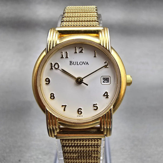 Bulova Watch Women 25mm White Dial Gold Tone Date Round 97M14 New Battery0