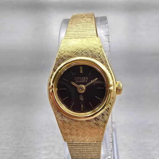 Citizen CQ Watch Women 17mm  Brown Dial Gold Tone Oval 3220 Vintage New Battery0