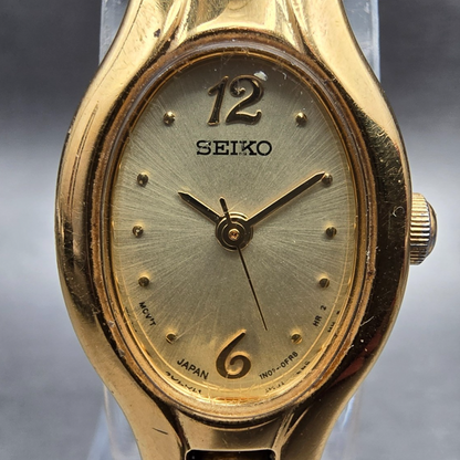 Seiko Watch Women 17mm Gold Dial Gold Tone Oval 1N01-0CS0 New Battery Vintage JP1