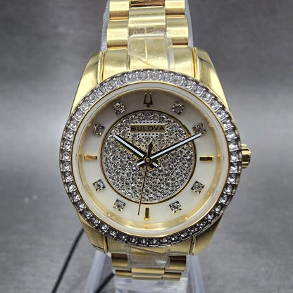 Bulova Watch Women 24mm MOP Dial Gold Tone Round Crystal Bezel 98L315 New batt 21