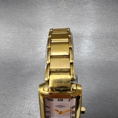 Rotary Elite Tank Watch Women 20mm White Dial Gold Tone Rectangle New Battery