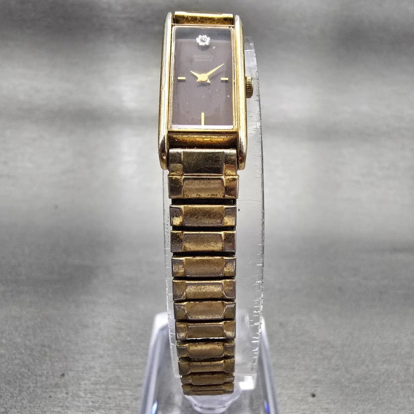 Seiko Watch Women 12mm Brown Dial Gold Tone Rectangle 2E20-5349 New Battery VTG5