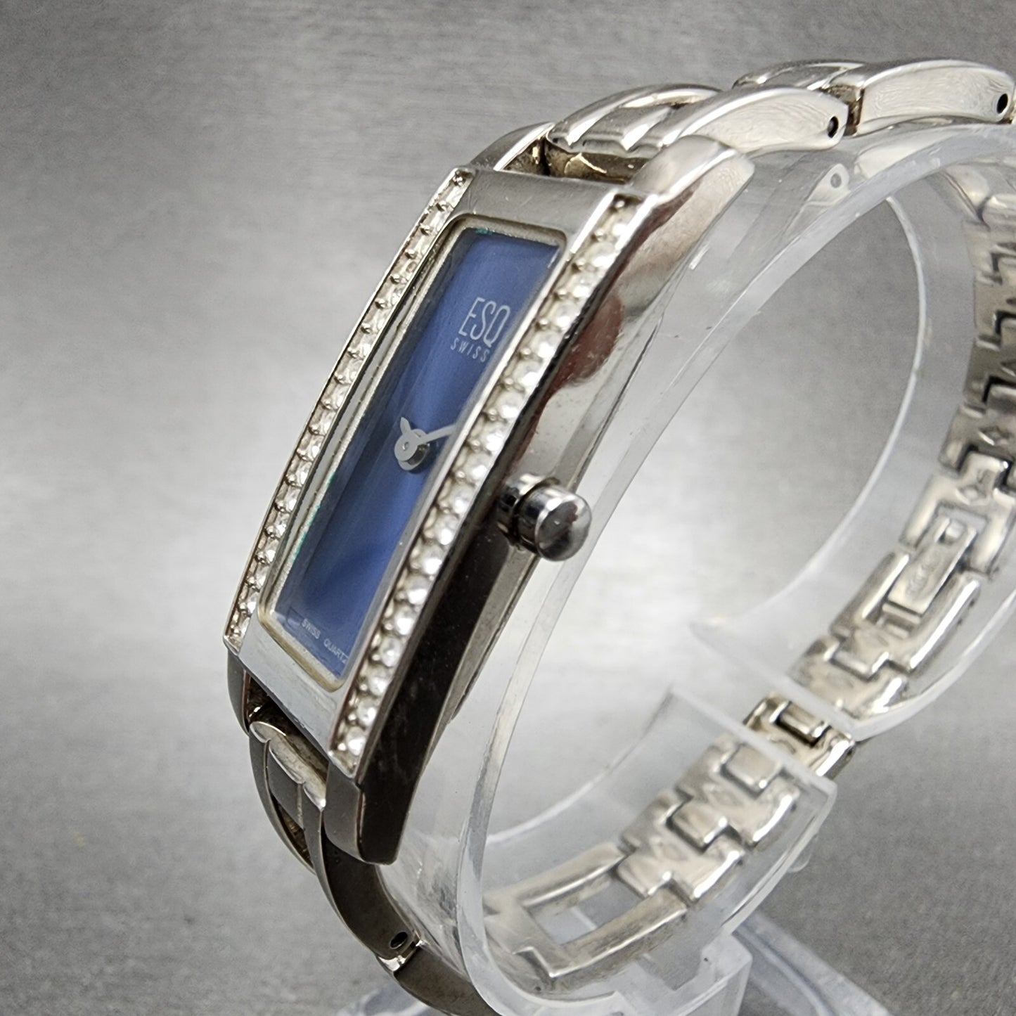 ESQ Tank Watch Women 14mm Blue Dial Silver Tone Crystal Bezel E5098 New Batt2