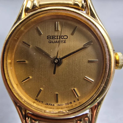 Seiko Watch Women 19mm Gold Dial Gold Tone Round 1N01-0E19 New Battery Vintage1