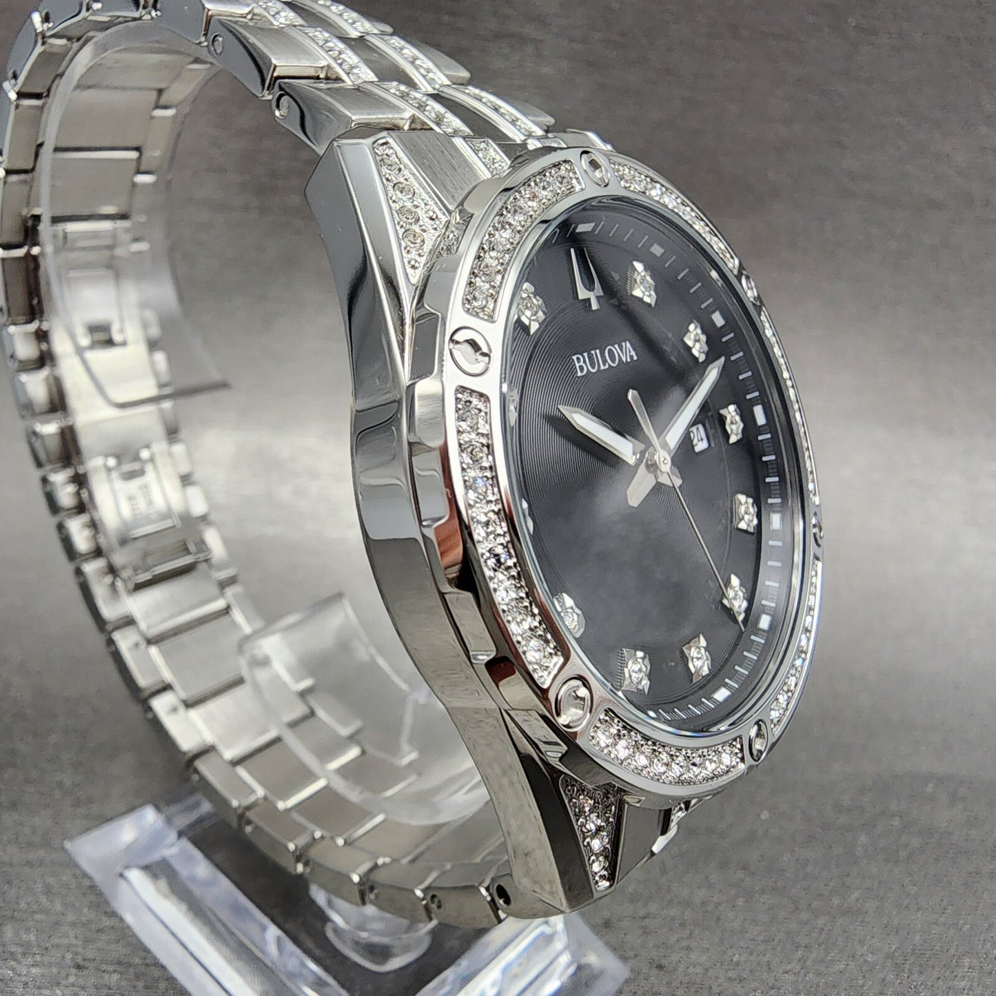 Bulova Watch Men 43mm Black Dial Steel Crystal Accents Date Round 96K105