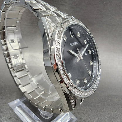 Bulova Watch Men 43mm Black Dial Steel Crystal Accents Date Round 96K105