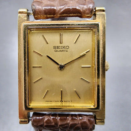 Seiko Tank Watch Women 20mm Champagne Dial Gold Tone 7320-5430 New Battery