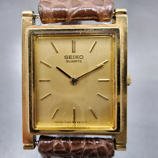 Seiko Tank Watch Women 20mm Champagne Dial Gold Tone 7320-5430 New Battery