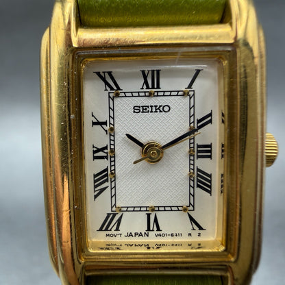 Seiko Tank Watch Women 18mm White Dial Gold Tone Rectangle V401-5650 New Battery1