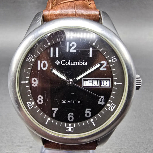 Columbia Watch Men 38mm Brown Dial Silver Tone Daydate Round CL-7336 New Battery0