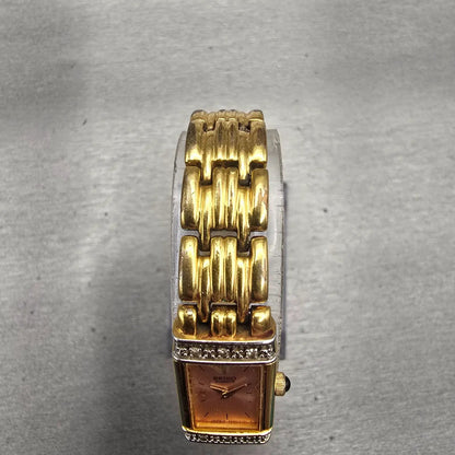 Seiko Watch Women 13mm Pink Dial Gold Tone Diamonds Rectangle 2E20-7191 New Batt4