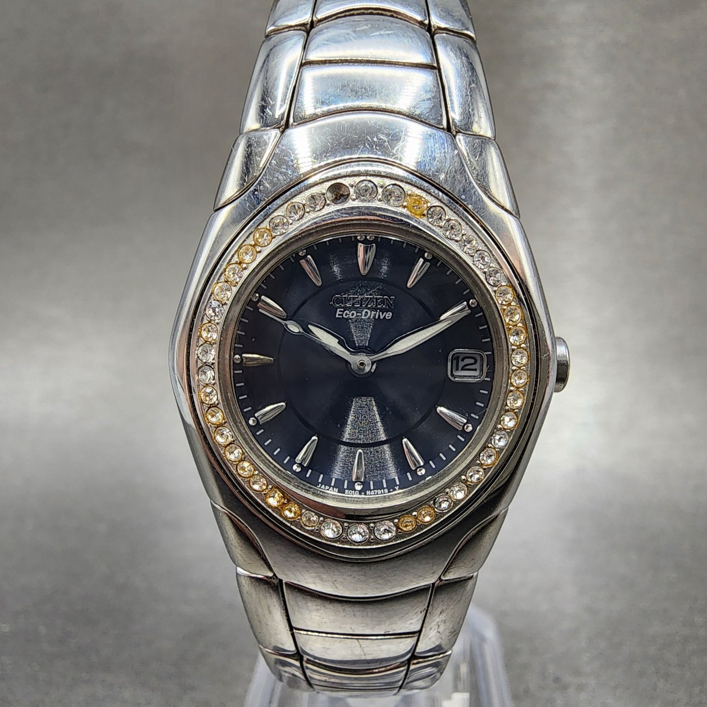 Citizen EcoDrive Watch Women 26mm Blue Dial Silver Tone Date Crystal Bezel Runs0