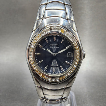 Citizen EcoDrive Watch Women 26mm Blue Dial Silver Tone Date Crystal Bezel Runs0