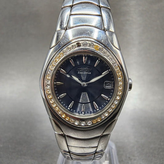 Citizen EcoDrive Watch Women 26mm Blue Dial Silver Tone Date Crystal Bezel Runs0