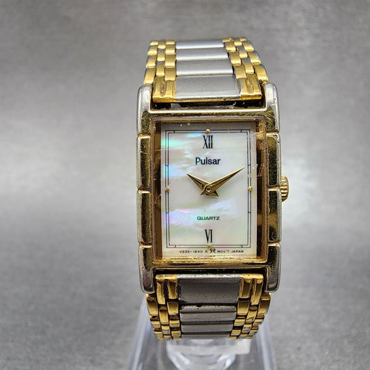Pulsar Tank Watch Women 17mm MOP Dial Two Tone Rectangle V2326050 New Battery0