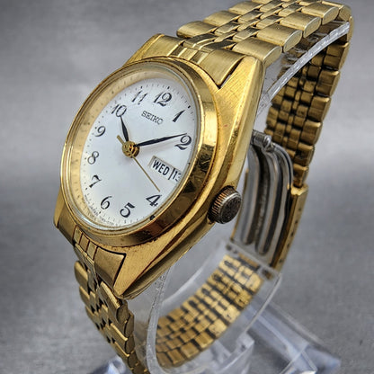 Seiko Watch Women 24mm White Dial Gold Tone Daydate Round 7N830011 New Battery2