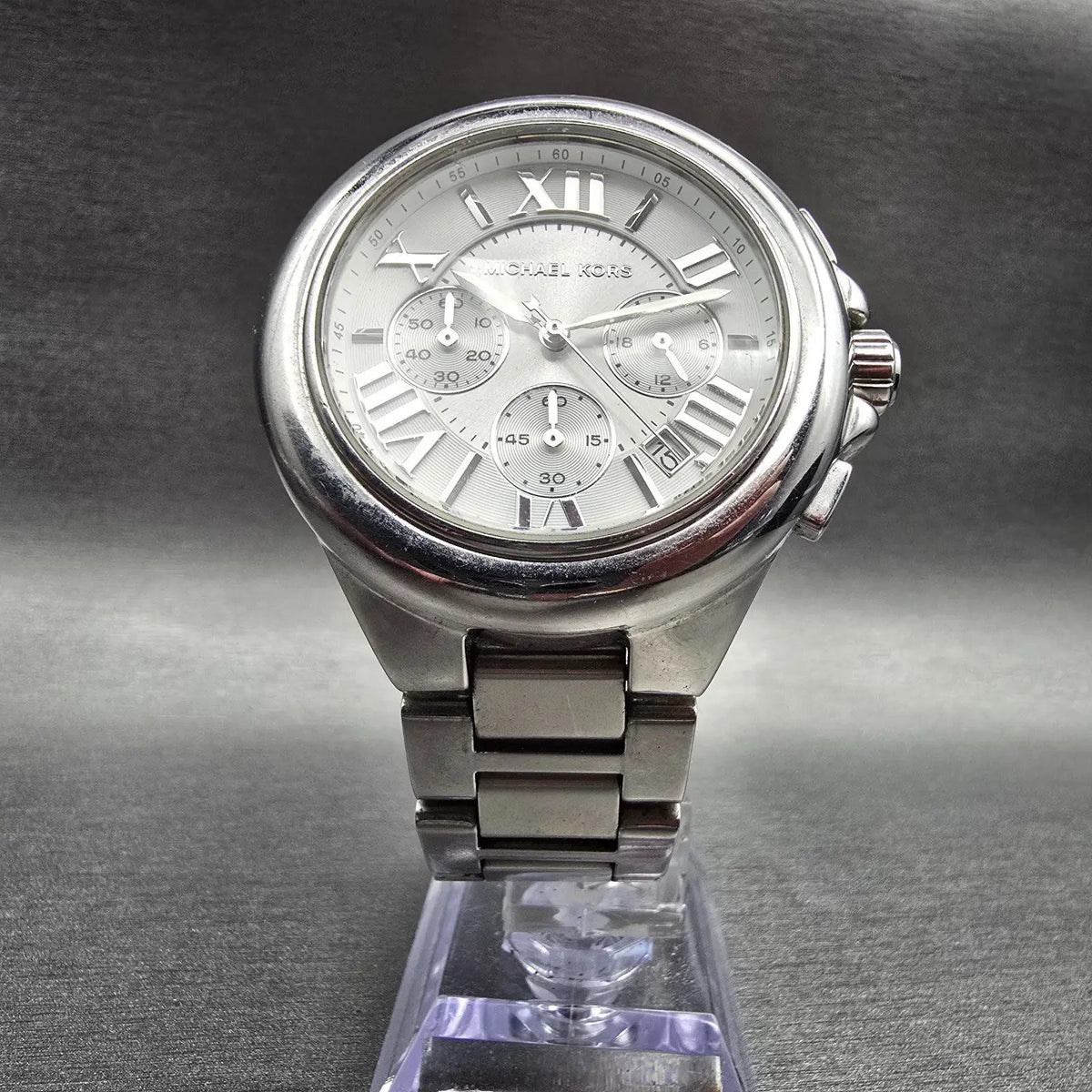 Michael Kors Camille Watch Women 44mm Silver Dial Chrono Date MK5719 New Batt5