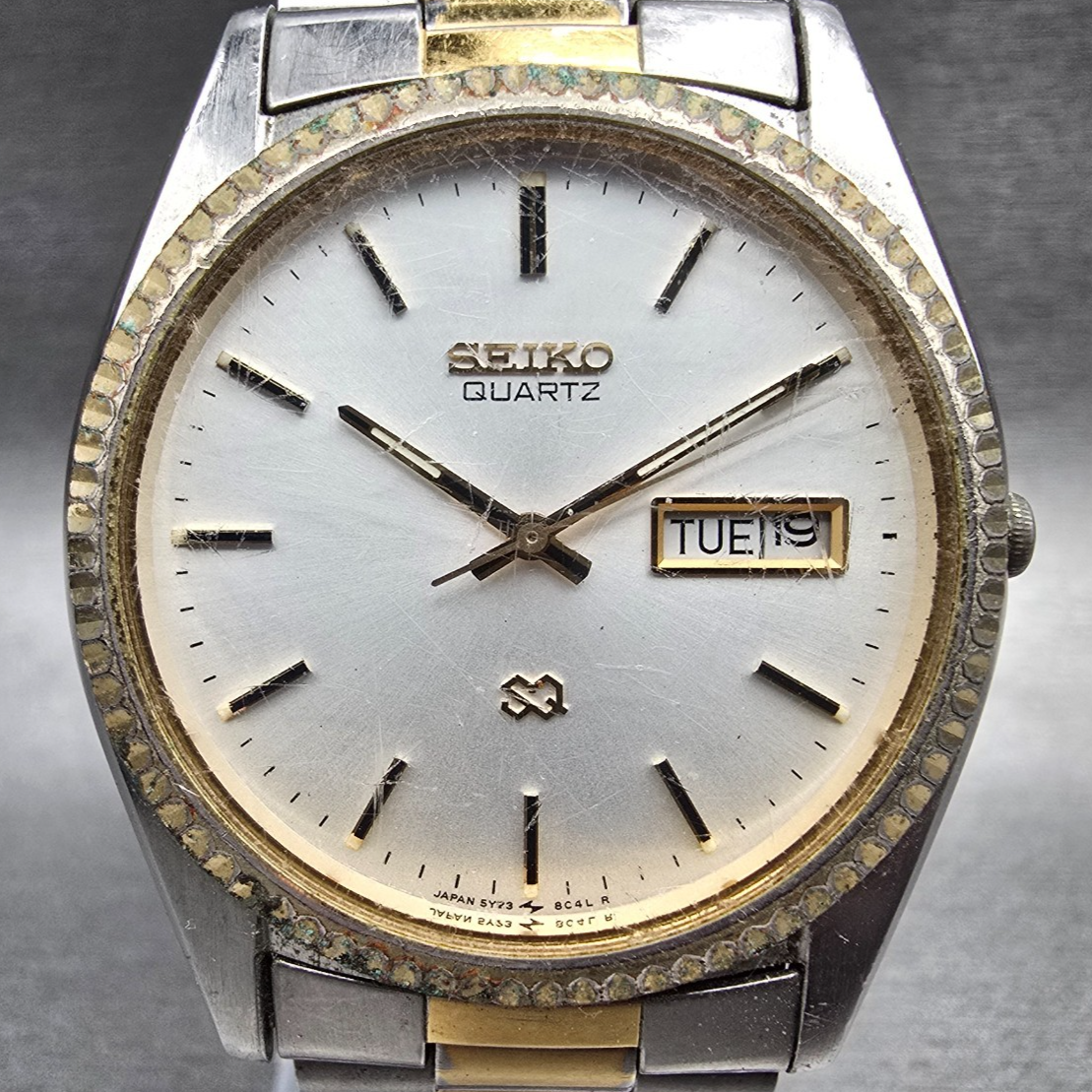 Seiko President Watch Men 35mm Silver Dial Two Tone Daydate SQ 5Y23-8A69 New Bat1