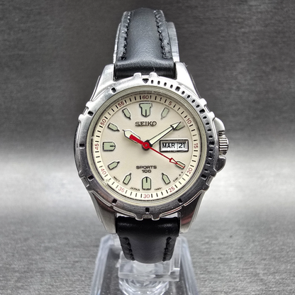 Seiko Sports 100 Watch Women 27mm Luminous Dial Daydate Round 7N83-0219 New Batt0