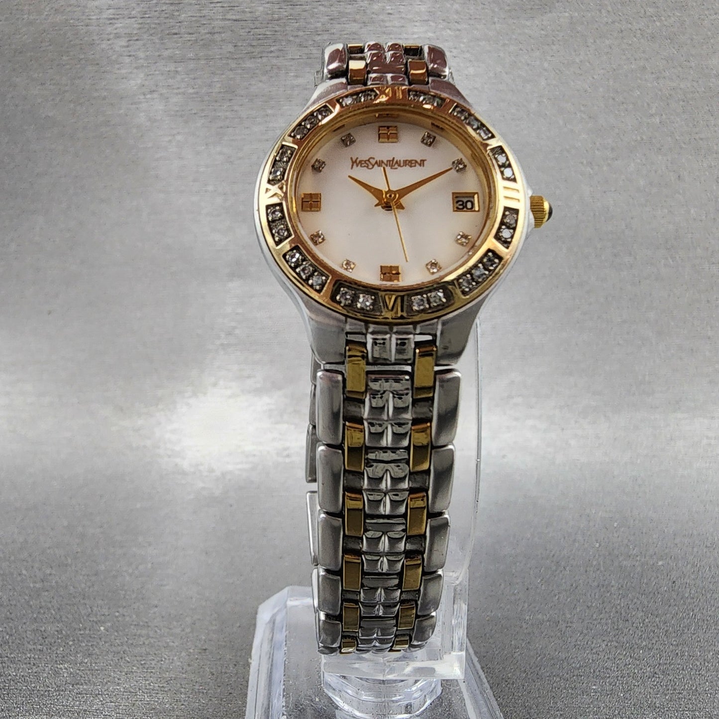 Yves Saint Laurent Watch Women 25mm MOP Dial Two Tone Diamond Bezel New Battery5
