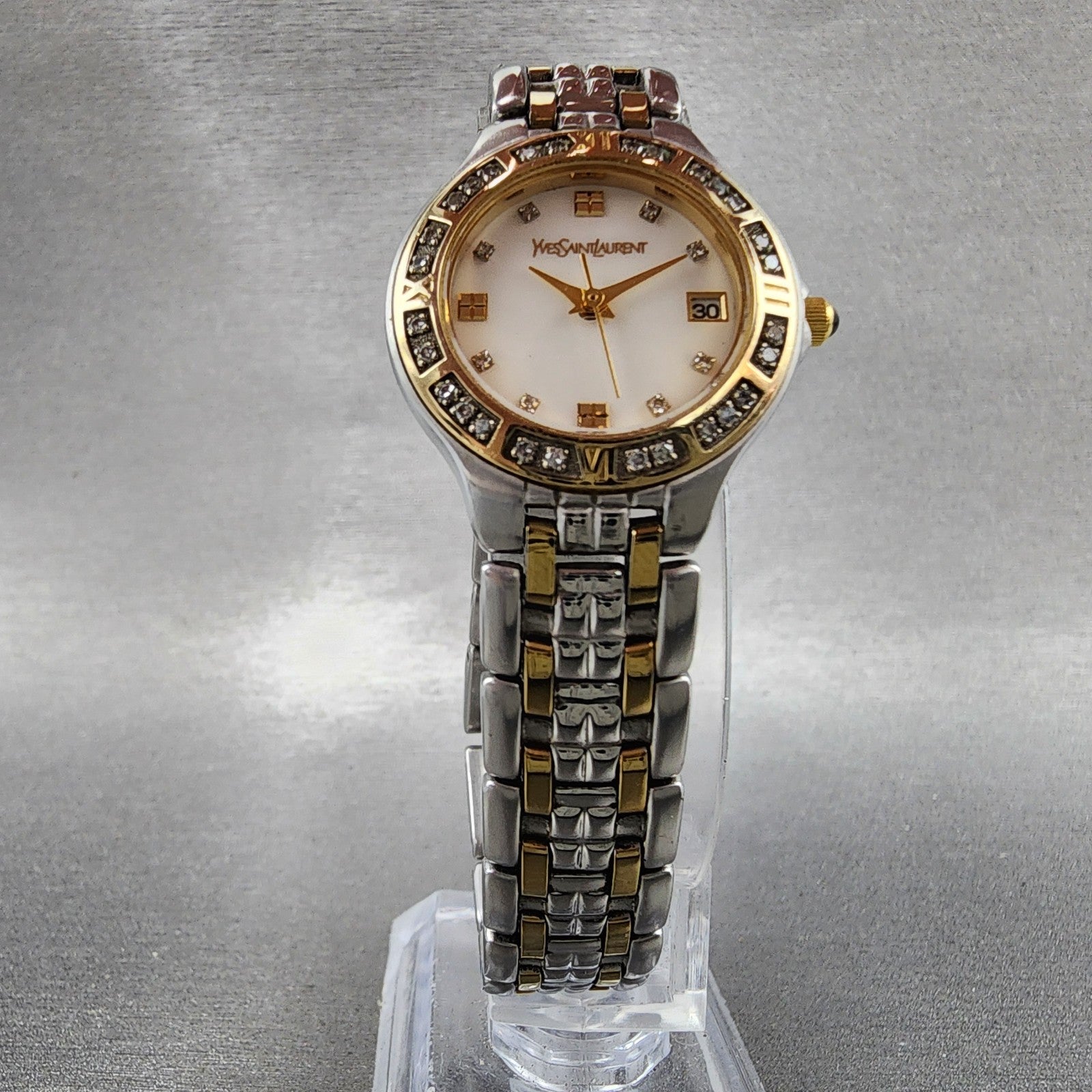 Yves Saint Laurent Watch Women 25mm MOP Dial Two Tone Diamond Bezel New Battery5