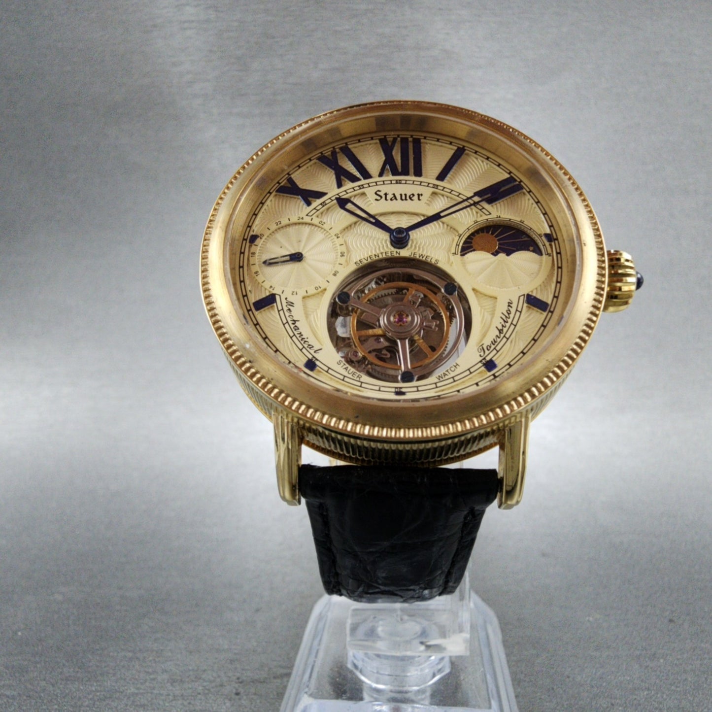 Stauer Tourbillon Watch Men 43mm Cream Dial Gold Tone Moonphase 18758 PARTS6