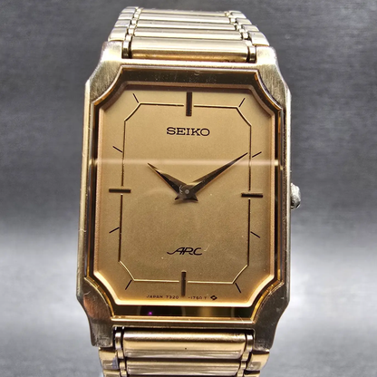 Seiko Arc Tank Watch Men 22mm Gold Dial Gold Tone Rectangle 7320-6460 New Batt0